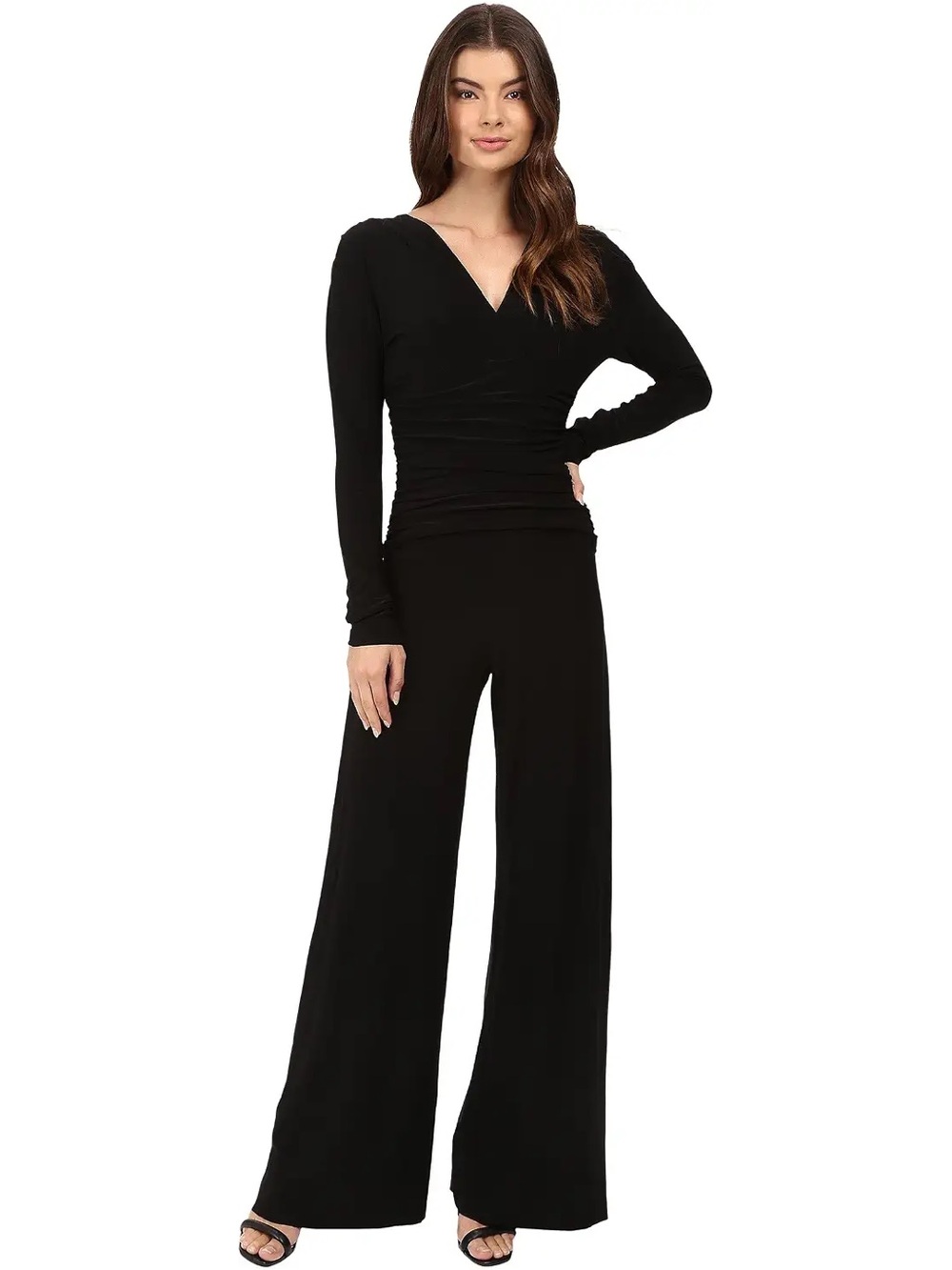 Norma Kamali V- Neck Long Sleeve Shirred Waist Jumpsuit